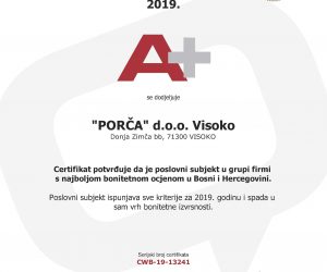 Porča d.o.o. Visoko nosilac certifikata bonitetne izvrsnosti A+