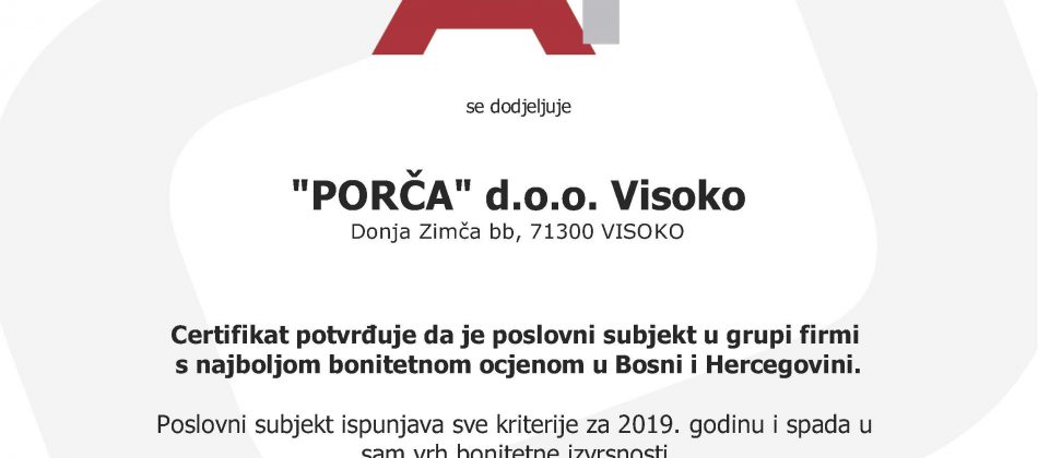 Porča d.o.o. Visoko nosilac certifikata bonitetne izvrsnosti A+